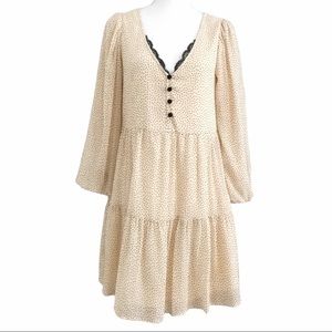 ZARA CREAM BEIGE BLACK POLKA DOT PUFFED SLEEVE BOHEMIAN FLOWY MINI DRESS - S